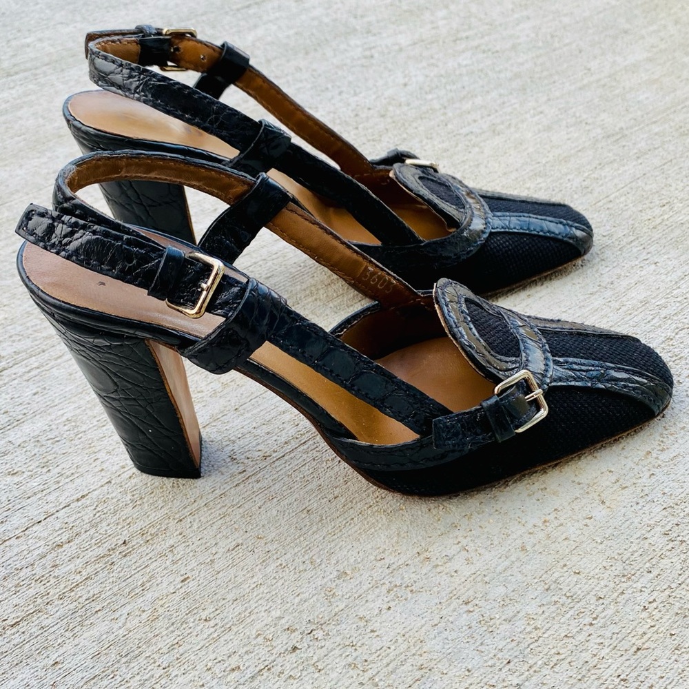 Prada Black Leather & Canvas Slingback Heels